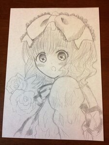 Rating: Safe Score: 0 Tags: 1girl :o ballpoint_pen_(medium) black_border border bow flower graphite_(medium) hat hinaichigo image monochrome open_mouth photo rose shikishi side_ponytail solo traditional_media upper_body User: admin