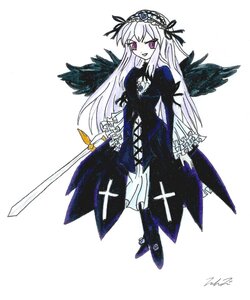 Rating: Safe Score: 0 Tags: 1girl black_wings boots dress feathers flower frills full_body hairband image lolita_hairband long_hair long_sleeves looking_at_viewer pink_eyes rose signature simple_background solo suigintou sword weapon white_background wings User: admin