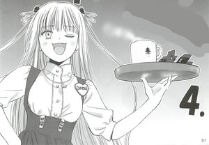 Rating: Safe Score: 0 Tags: 1girl barasuishou cup greyscale hair_ornament hand_on_hip image long_hair monochrome one_eye_closed open_mouth shirt smile solo tray waitress User: admin