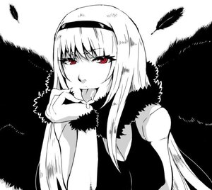 Rating: Safe Score: 0 Tags: 1girl :p bird black_feathers black_wings feathered_wings feathers fur_trim greyscale hairband image licking long_hair looking_at_viewer monochrome red_eyes solo spot_color suigintou tongue tongue_out upper_body wings User: admin