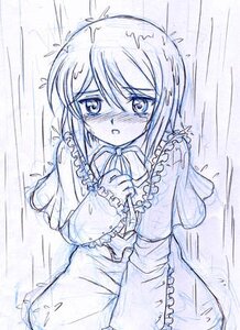 Rating: Safe Score: 0 Tags: 1girl blue_theme blush eyebrows_visible_through_hair graphite_(medium) image long_sleeves monochrome nose_blush rain short_hair solo souseiseki tears traditional_media User: admin