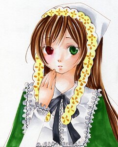 Rating: Safe Score: 0 Tags: 1girl bangs black_ribbon brown_hair dress frills green_dress green_eyes head_scarf heterochromia image long_hair long_sleeves looking_at_viewer red_eyes simple_background solo suiseiseki traditional_media upper_body User: admin