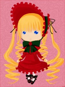 Rating: Safe Score: 0 Tags: 1girl blonde_hair blue_eyes bonnet bow bowtie dress drill_hair flower full_body green_bow image long_hair long_sleeves looking_at_viewer pink_background red_dress rose shinku shoes solo User: admin