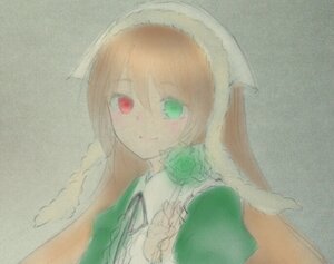 Rating: Safe Score: 0 Tags: 1girl brown_hair closed_mouth dress flower green_dress green_eyes heterochromia image long_hair looking_at_viewer red_eyes rose simple_background smile solo suiseiseki upper_body User: admin