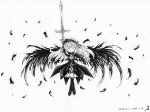 Rating: Safe Score: 0 Tags: 1girl bird black_feathers black_wings boots dove dress feathered_wings feathers greyscale hairband holding_sword holding_weapon image long_hair long_sleeves monochrome solo suigintou sword thighhighs very_long_hair weapon white_feathers wings User: admin