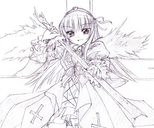 Rating: Safe Score: 0 Tags: 1girl dress feathered_wings frills graphite_(medium) greyscale image kinagi_yuu long_hair long_sleeves looking_at_viewer monochrome photoshop_(medium) purple_theme ribbon rozen_maiden simple_background sketch smile solo standing suigintou traditional_media very_long_hair white_background wings User: admin