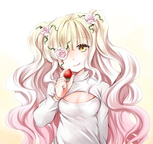 Rating: Safe Score: 0 Tags: 1girl :q apple blonde_hair blush breasts cleavage cleavage_cutout eyepatch flower food fruit hair_flower hair_ornament holding_fruit image kirakishou licking_lips long_hair medium_breasts meme_attire open-chest_sweater rose solo strawberry striped sweater tongue tongue_out very_long_hair yellow_eyes User: admin