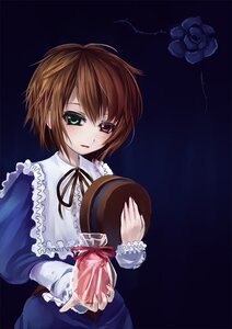 Rating: Safe Score: 0 Tags: 1girl asa_(swallowtail) ascot blue_background blue_flower blue_rose brown_eyes brown_hair chocolate flower frills green_eyes hat heterochromia holding image long_sleeves looking_at_viewer photoshop_(medium) red_eyes ribbon rose rozen_maiden short_hair smile solo souseiseki User: admin