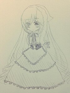 Rating: Safe Score: 0 Tags: 1girl bow dress eyebrows_visible_through_hair frills full_body image long_hair long_sleeves monochrome solo standing suiseiseki traditional_media veil very_long_hair User: admin