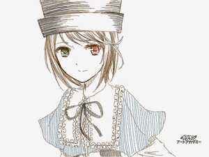 Rating: Safe Score: 0 Tags: 1girl artist_name bangs closed_mouth dated hat heterochromia image looking_at_viewer monochrome neck_ribbon red_eyes ribbon short_hair signature simple_background smile solo souseiseki striped traditional_media upper_body User: admin