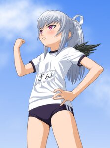 Rating: Safe Score: 0 Tags: 1girl black_buruma blush buruma clenched_hand commentary_request day gradient gradient_background gym_uniform hair_ribbon hand_on_hip ichikawa_masahiro image long_hair name_tag outdoors pink_eyes ponytail purple_eyes ribbon rozen_maiden shirt short_sleeves silver_hair sky solo standing suigintou white_shirt wings User: admin