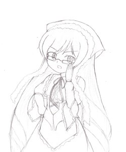 Rating: Safe Score: 0 Tags: 1girl bespectacled blush dress frills glasses greyscale image long_hair long_sleeves looking_at_viewer monochrome open_mouth ribbon simple_background solo striped suiseiseki veil very_long_hair white_background User: admin