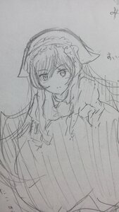 Rating: Safe Score: 0 Tags: 1girl closed_mouth dress eyebrows_visible_through_hair greyscale hairband image lolita_hairband long_hair long_sleeves looking_at_viewer monochrome sketch solo suiseiseki traditional_media User: admin