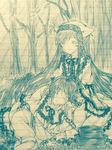 Rating: Safe Score: 0 Tags: 2girls blue_theme bow crying dress frills graphite_(medium) image long_hair monochrome multiple_girls pair sleepingcastle souseiseki suiseiseki tears traditional_media User: admin