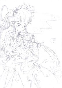 Rating: Safe Score: 0 Tags: 1girl bangs cup dress flower frills holding_cup image long_hair long_sleeves looking_at_viewer monochrome petals ribbon shinku solo teacup very_long_hair User: admin