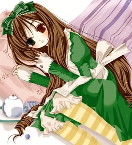 Rating: Safe Score: 0 Tags: 1girl :o apron artist_request blush bow brown_hair doll dress frills green_dress green_eyes hair_bow head_scarf heterochromia image long_hair long_sleeves looking_at_viewer pantyhose parted_lips red_eyes rozen_maiden sitting sleeves_past_wrists solo striped striped_legwear suiseiseki very_long_hair yellow_legwear User: admin