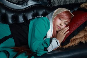 Rating: Safe Score: 0 Tags: 1girl closed_eyes closed_mouth couch hood lips long_sleeves lying pink_hair realistic solo suiseiseki User: admin