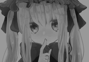 Rating: Safe Score: 0 Tags: 1girl bangs blush bow closed_mouth eyebrows_visible_through_hair grey_background greyscale hat long_hair looking_at_viewer monochrome simple_background solo twintails User: admin