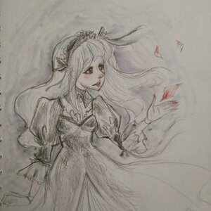 Rating: Safe Score: 0 Tags: 1girl auto_tagged dress hairband image lolita_hairband long_hair long_sleeves monochrome open_mouth red_eyes solo suigintou traditional_media User: admin