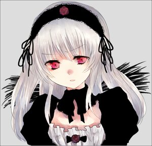 Rating: Safe Score: 0 Tags: 1girl bangs black_dress detached_collar dress flower grey_background hairband image long_hair looking_at_viewer pink_eyes puffy_sleeves red_flower red_rose rose silver_hair simple_background solo suigintou upper_body User: admin