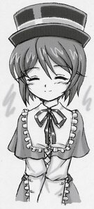 Rating: Safe Score: 0 Tags: 1girl blush capelet closed_eyes closed_mouth eyebrows_visible_through_hair facing_viewer greyscale hat image long_sleeves monochrome ribbon short_hair smile solo souseiseki User: admin
