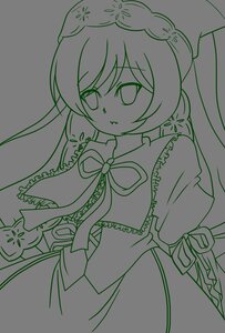 Rating: Safe Score: 0 Tags: 1girl dress green_theme hat image lineart long_hair monochrome neck_ribbon ribbon solo suiseiseki User: admin