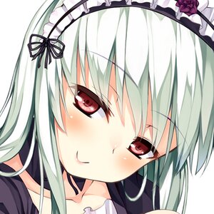 Rating: Safe Score: 0 Tags: 1girl blush close-up closed_mouth collarbone eyebrows_visible_through_hair face flower frills green_hair hairband hat image lolita_fashion lolita_hairband looking_at_viewer red_eyes rose silver_hair simple_background smile solo suigintou white_background User: admin