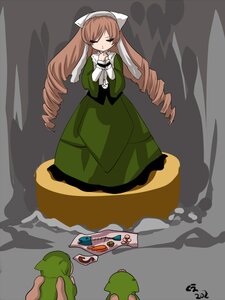 Rating: Safe Score: 0 Tags: 1girl brown_hair dress drill_hair full_body green_dress image long_hair long_sleeves solo suiseiseki twin_drills very_long_hair User: admin