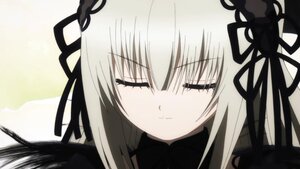 Rating: Safe Score: 0 Tags: 1girl bangs black_dress black_ribbon black_wings blush close-up closed_eyes closed_mouth dress eyebrows_visible_through_hair hair_ribbon image long_hair ribbon silver_hair simple_background smile solo suigintou User: admin