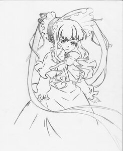 Rating: Safe Score: 0 Tags: 1girl bonnet bow dress flower frills greyscale image long_hair long_sleeves looking_at_viewer monochrome shinku simple_background solo traditional_media twintails very_long_hair white_background User: admin