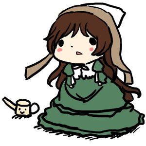 Rating: Safe Score: 0 Tags: 1girl apron blush_stickers brown_hair chibi dress green_dress image long_hair long_sleeves simple_background solid_oval_eyes solo suiseiseki triangle_mouth white_background |_| User: admin