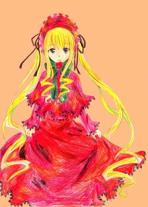 Rating: Safe Score: 0 Tags: 1girl blonde_hair blue_eyes capelet dress flower hair_ribbon image long_hair long_sleeves looking_at_viewer mouth_hold pink_rose red_dress rose shinku simple_background solo torn_clothes traditional_media twintails very_long_hair User: admin