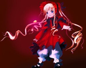 Rating: Safe Score: 0 Tags: 1girl blonde_hair bloomers blue_eyes bonnet bow bowtie dress image long_hair long_sleeves looking_at_viewer red_dress shinku shoes simple_background solo standing twintails underwear very_long_hair User: admin