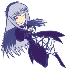 Rating: Safe Score: 0 Tags: 1girl black_wings dress frills full_body image long_hair long_sleeves looking_at_viewer one_eye_closed red_eyes simple_background solo standing suigintou white_background wings User: admin