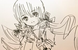 Rating: Safe Score: 0 Tags: 1girl bangs blush eyebrows_visible_through_hair hair_ribbon long_hair long_sleeves looking_at_viewer monochrome ribbon school_uniform serafuku sketch solo twintails upper_body User: admin