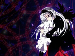 Rating: Safe Score: 0 Tags: 1girl black_wings dress flower frills hairband image lolita_hairband long_hair long_sleeves looking_at_viewer petals purple_eyes silver_hair sitting smile solo suigintou very_long_hair wings User: admin