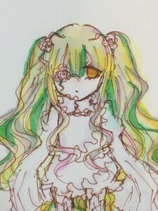 Rating: Safe Score: 0 Tags: 1girl blonde_hair eyebrows_visible_through_hair flower green_hair hair_flower hair_ornament image kirakishou long_hair looking_at_viewer plant simple_background solo traditional_media twintails upper_body wavy_hair User: admin