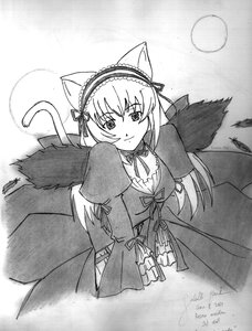 Rating: Safe Score: 3 Tags: 1girl animal_ears cat_ears greyscale hairband image lolita_hairband long_hair long_sleeves looking_at_viewer monochrome moon solo suigintou tail wings User: admin