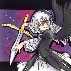 Rating: Safe Score: 0 Tags: 1girl black_wings dress feathered_wings frilled_sleeves frills hairband holding image lolita_hairband long_sleeves looking_at_viewer pink_eyes silver_hair solo star_(symbol) starry_background suigintou weapon wings User: admin
