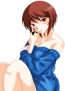 Rating: Safe Score: 0 Tags: 1girl auto_tagged bare_shoulders blush breasts brown_hair cleavage collarbone finger_to_mouth green_eyes heterochromia image long_sleeves looking_at_viewer off_shoulder red_eyes short_hair sitting solo souseiseki striped sweater User: admin