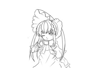 Rating: Safe Score: 0 Tags: 1girl bow dress greyscale image long_hair long_sleeves looking_at_viewer monochrome one_eye_closed shinku simple_background solo striped upper_body white_background User: admin