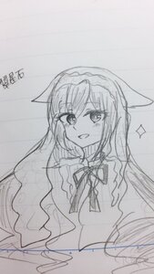 Rating: Safe Score: 0 Tags: 1girl :d artist_name dress eyebrows_visible_through_hair image long_hair long_sleeves looking_at_viewer monochrome neck_ribbon open_mouth ribbon signature simple_background sketch smile solo suiseiseki traditional_media very_long_hair User: admin