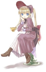 Rating: Safe Score: 0 Tags: 1girl blonde_hair blue_eyes boots bow brown_footwear chin_rest dress full_body hat image long_hair long_sleeves looking_at_viewer pink_dress shinku sitting solo striped twintails very_long_hair User: admin