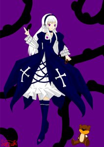 Rating: Safe Score: 0 Tags: 1girl dress frills hairband image long_hair purple_background solo stuffed_animal suigintou teddy_bear white_hair wings User: admin