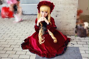 Rating: Safe Score: 0 Tags: 1girl blonde_hair blue_eyes dress frills long_hair long_sleeves looking_at_viewer photo red_dress shinku solo User: admin