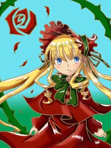 Rating: Safe Score: 0 Tags: 1girl blonde_hair blue_eyes bonnet bow bowtie dress flower green_bow green_neckwear image long_hair long_sleeves looking_at_viewer petals red_dress rose shinku simple_background solo standing User: admin