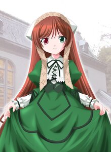 Rating: Safe Score: 0 Tags: 1girl brown_hair dress frills green_dress heterochromia image long_hair long_sleeves looking_at_viewer outdoors red_eyes skirt_hold solo standing suiseiseki twintails very_long_hair User: admin