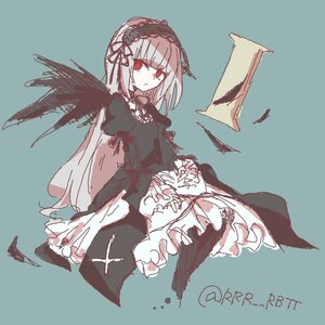 Rating: Safe Score: 0 Tags: 1girl bangs black_wings blue_background closed_mouth dress feathers flower frills hairband image long_hair long_sleeves looking_at_viewer puffy_sleeves red_eyes rose simple_background solo suigintou wings User: admin