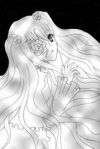 Rating: Safe Score: 0 Tags: 1girl dress eyepatch flower frills greyscale hair_ornament image kirakishou long_hair long_sleeves looking_at_viewer monochrome rose solo traditional_media User: admin