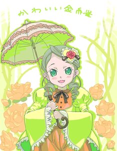 Rating: Safe Score: 0 Tags: 1girl :d blush dress drill_hair flower frills green_eyes green_hair hair_ornament holding holding_umbrella image kanaria long_sleeves looking_at_viewer open_mouth parasol ribbon rose smile solo umbrella wide_sleeves User: admin